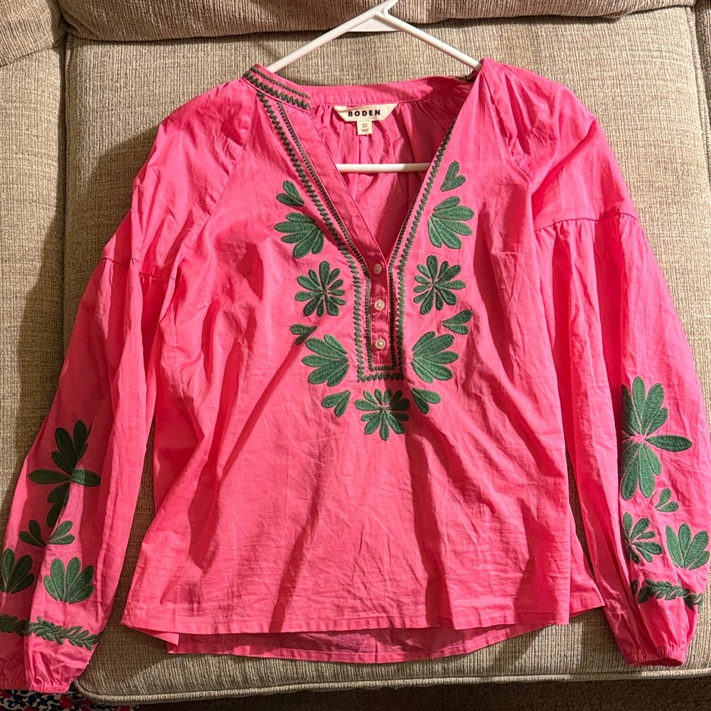 Boden Hot Pink V-Neck Embroidered Blouse